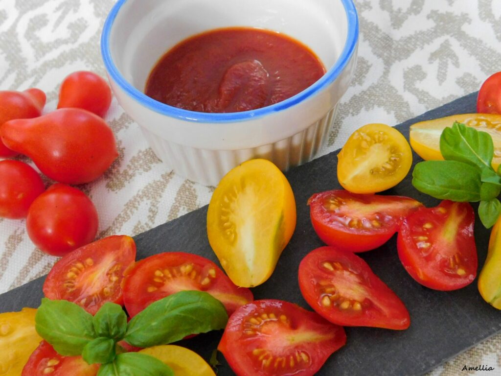 Detail na mističku s domácím kečupem a rozkrojenými rajčaty